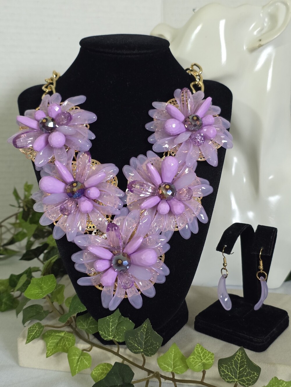 Purple Floral Statement Necklace & Matching Earrings Set | Gold Tone Chain
